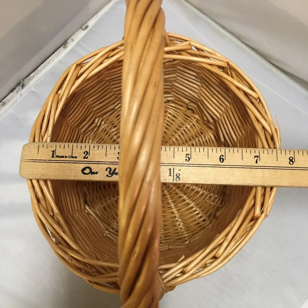 Wicker Round Basket Unisex Small Natural Tan Hand Woven Fixed Handle Cottagecore